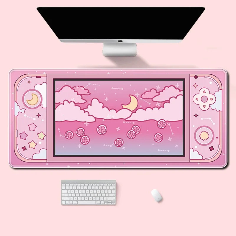 Desk Setup Pink - Moon and Stars Large Desk Mat