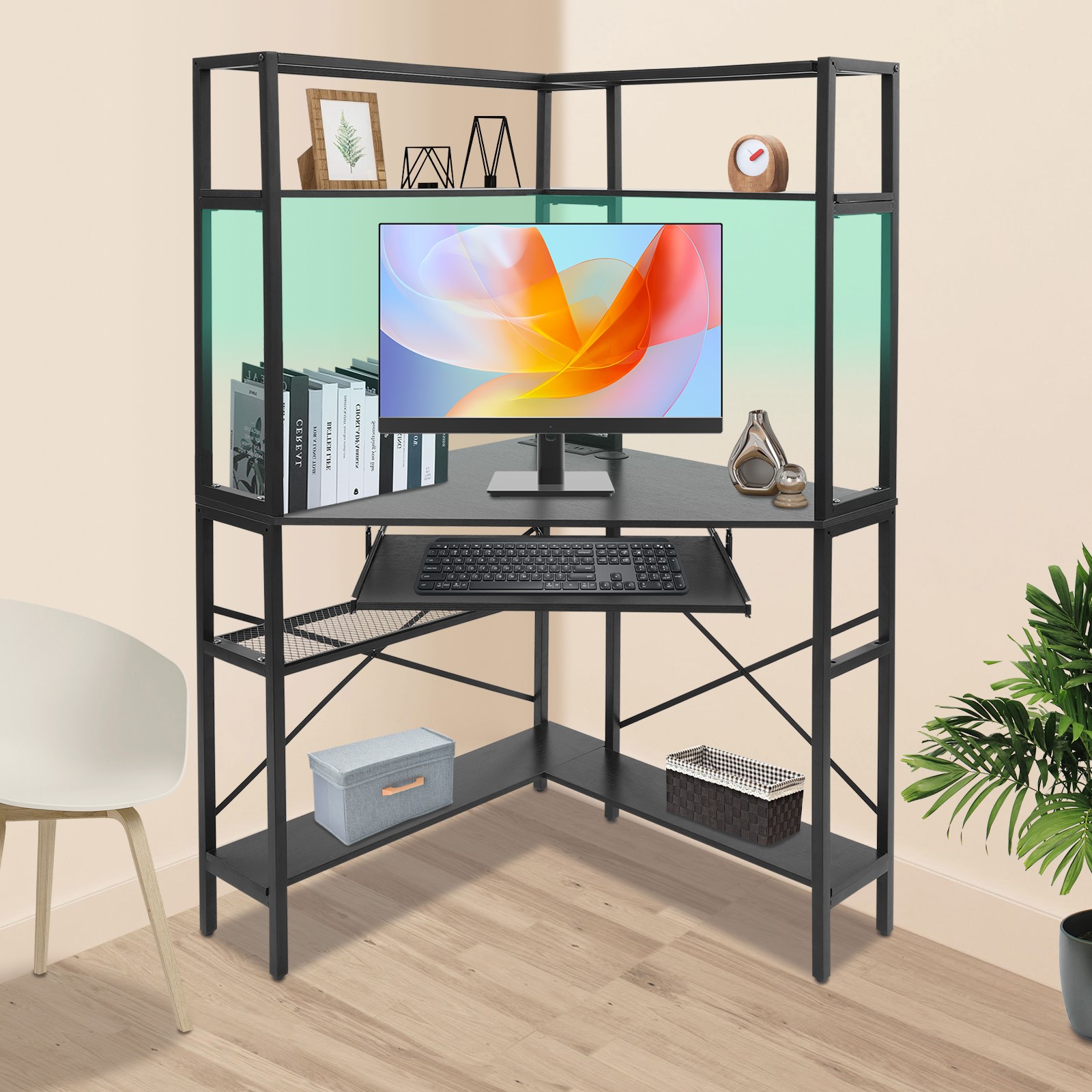 Desk Setup Small Room - Triangular Corner Computer Desk with LED
