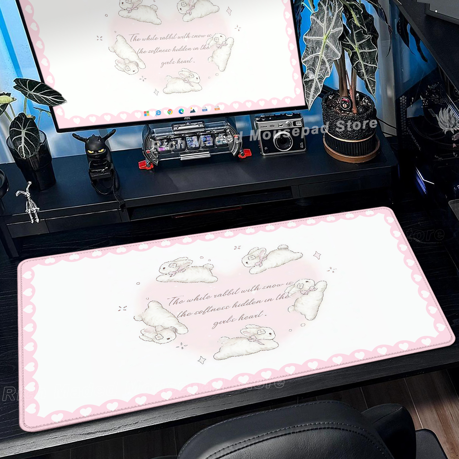 Desk Setup Pink - Pink Rabbit Mouse Pad XXL Cute
