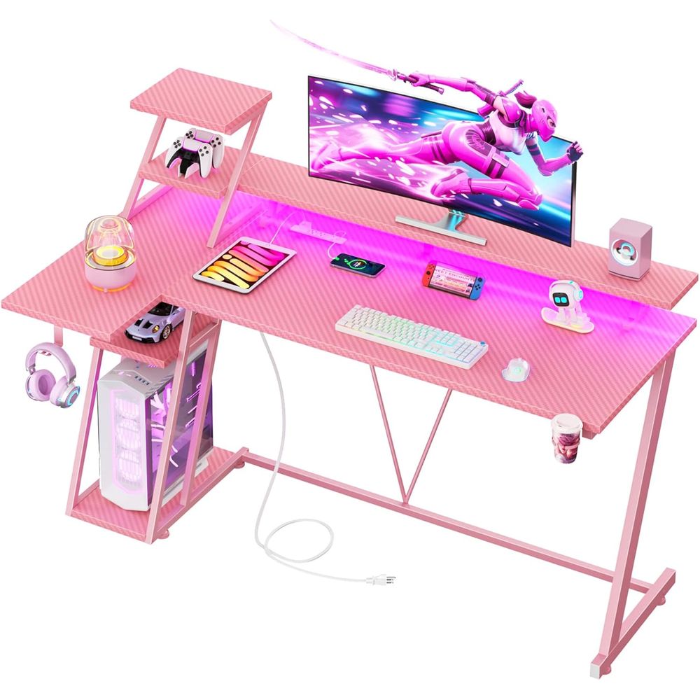 Desk Setup Or Set Up - L-Shaped Pink Gaming Desk with LED