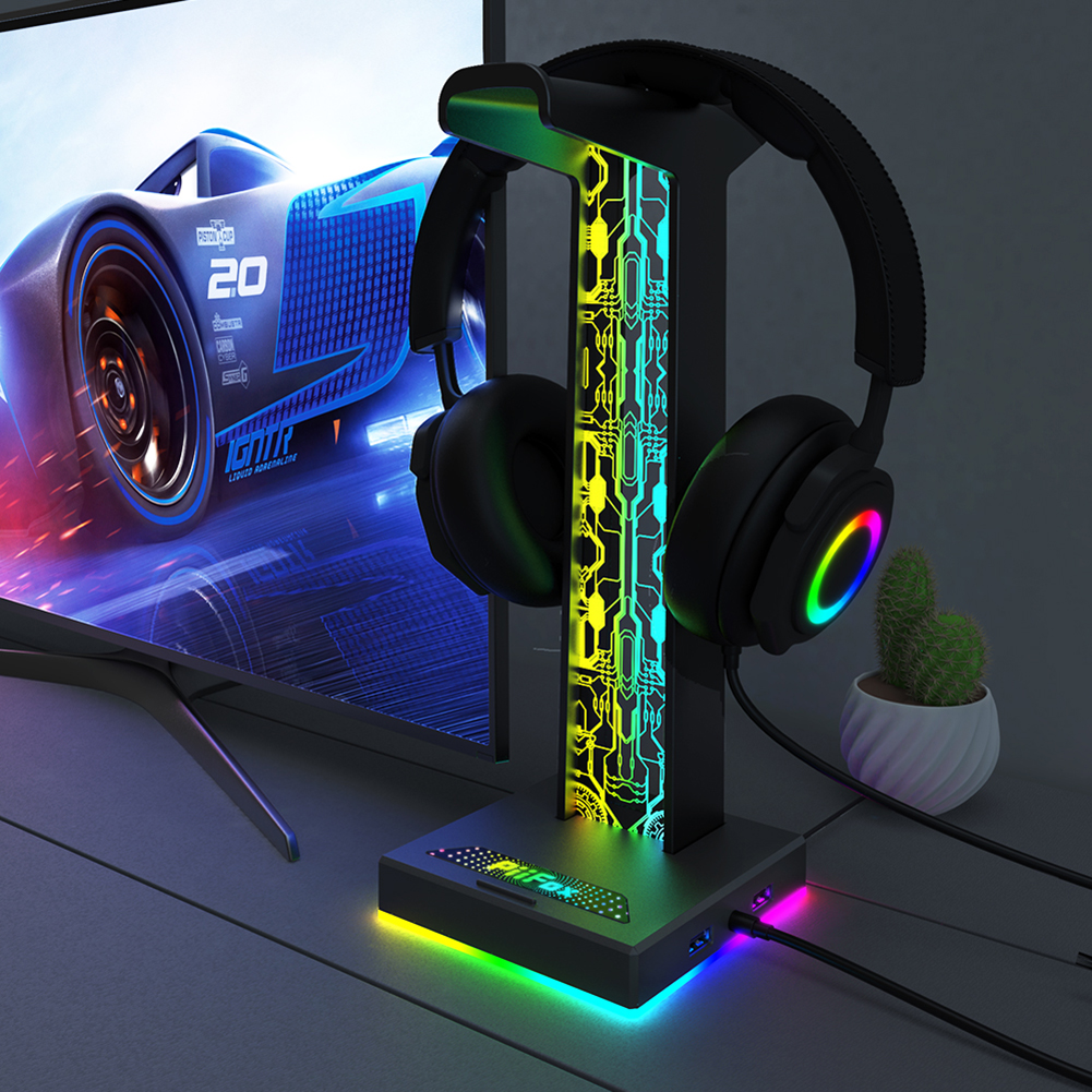 Desk Setup Lighting - RGB Gaming Headphone Stand Dual USB