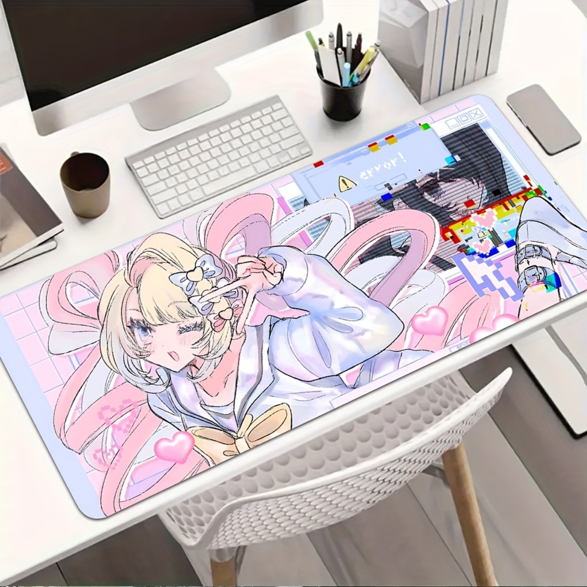 Desk Setup Girl - Pink Purple Anime Girl Rubber Desk