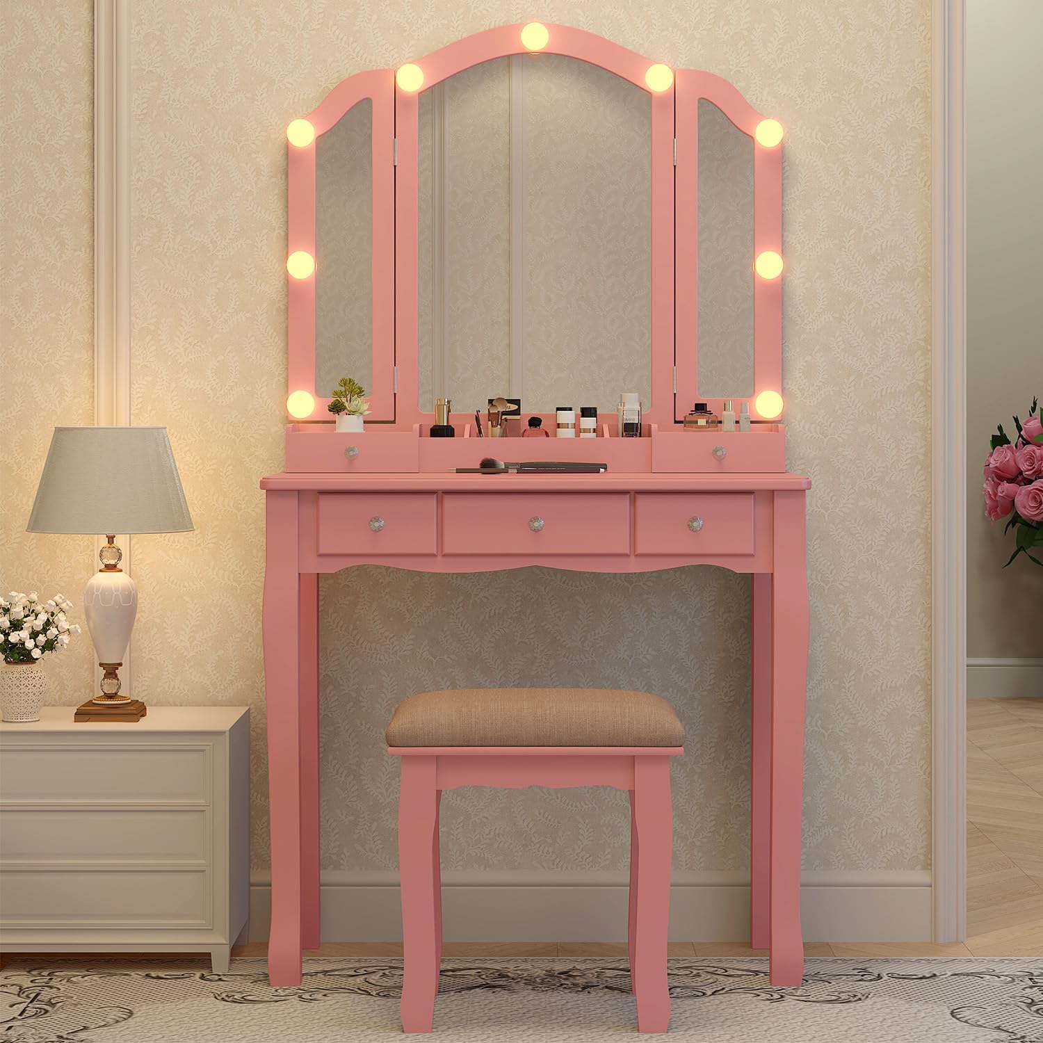 Pink Makeup Vanity Desk with M - Desk Setup Girl のレビューと価格