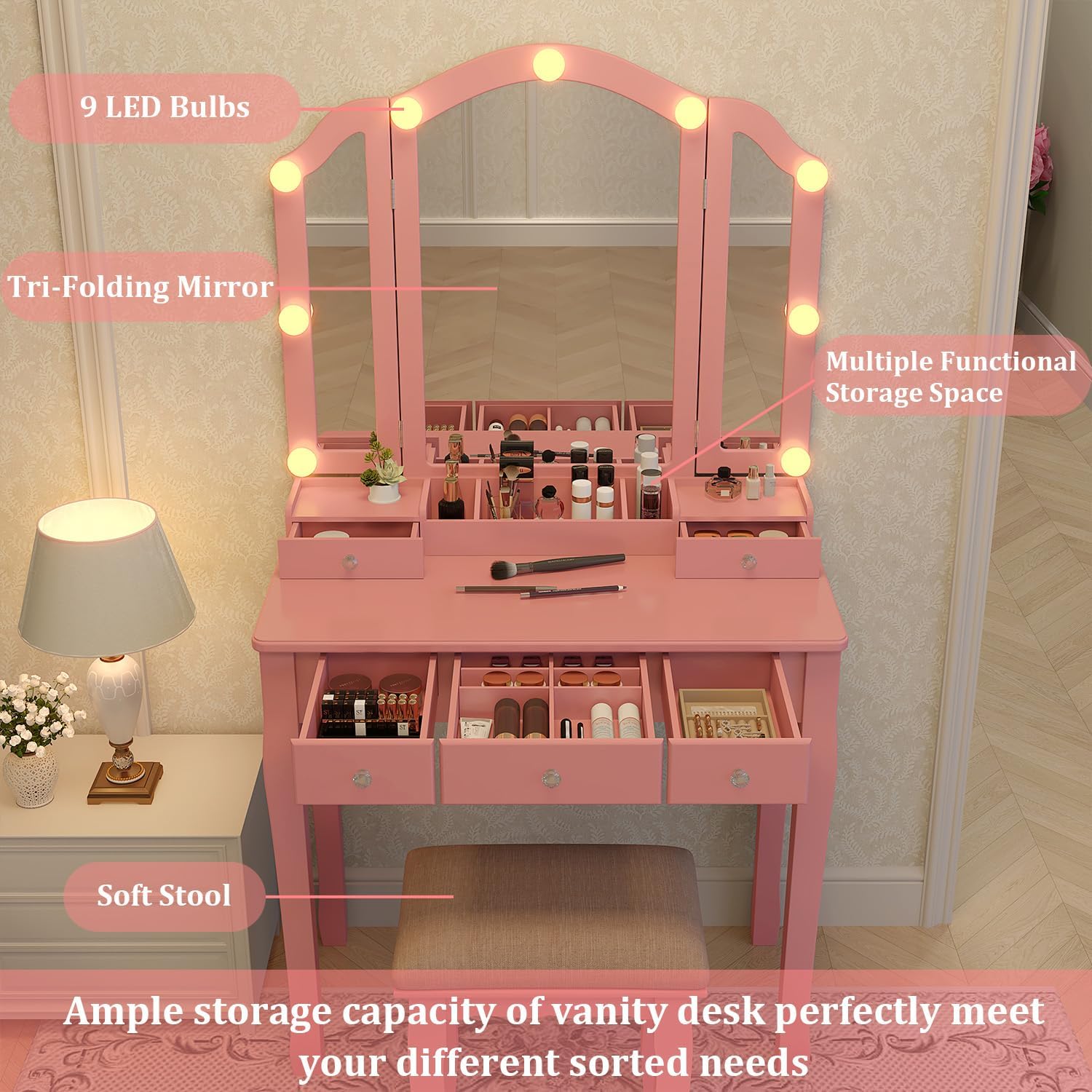 Pink Makeup Vanity Desk with M - Desk Setup Girl のレビューと価格