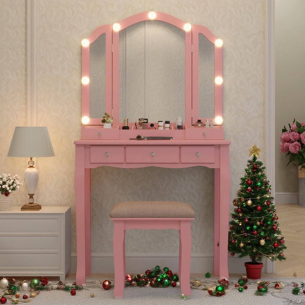 Pink Makeup Vanity Desk with M - Desk Setup Girl のレビューと価格