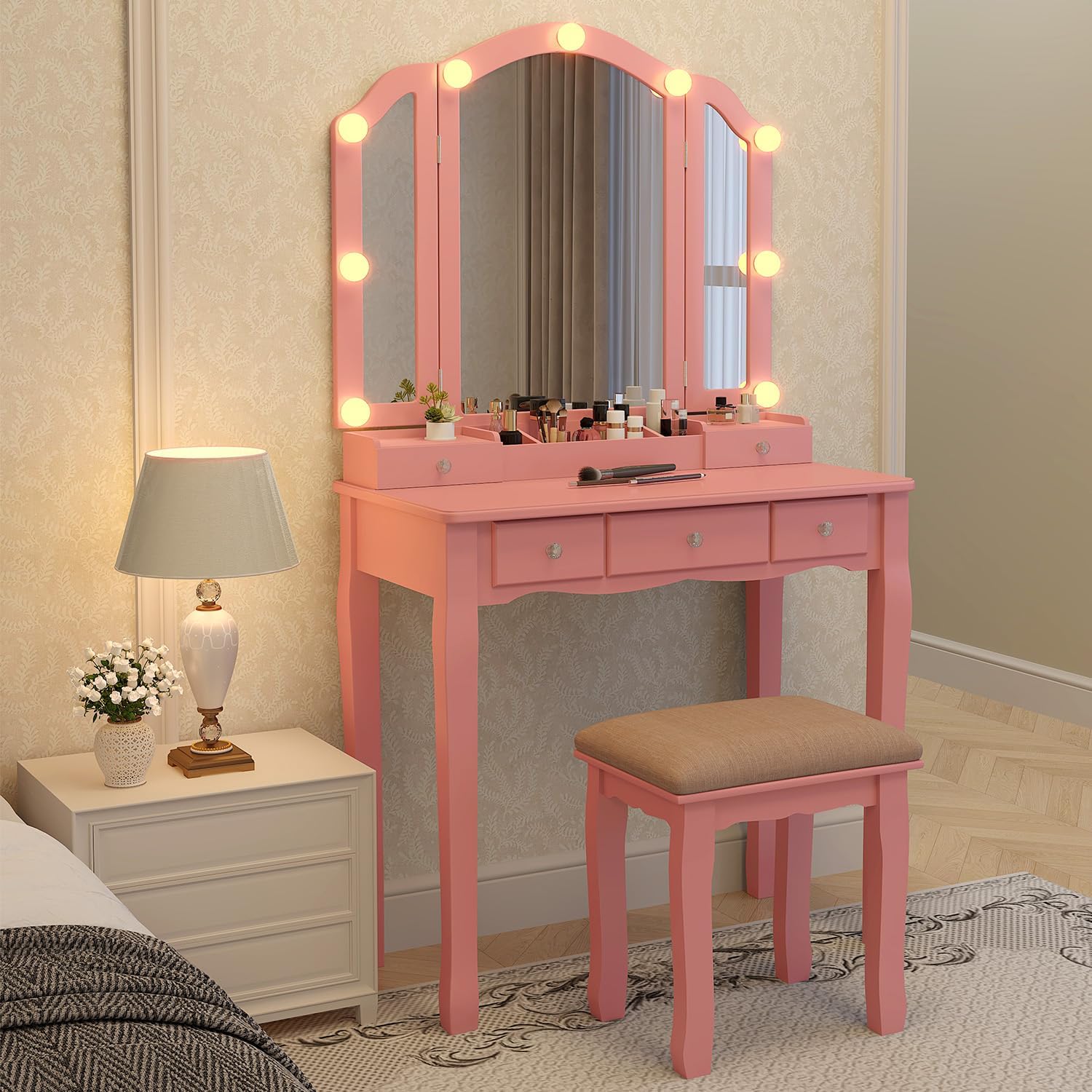 Pink Makeup Vanity Desk with M - Desk Setup Girl のレビューと価格