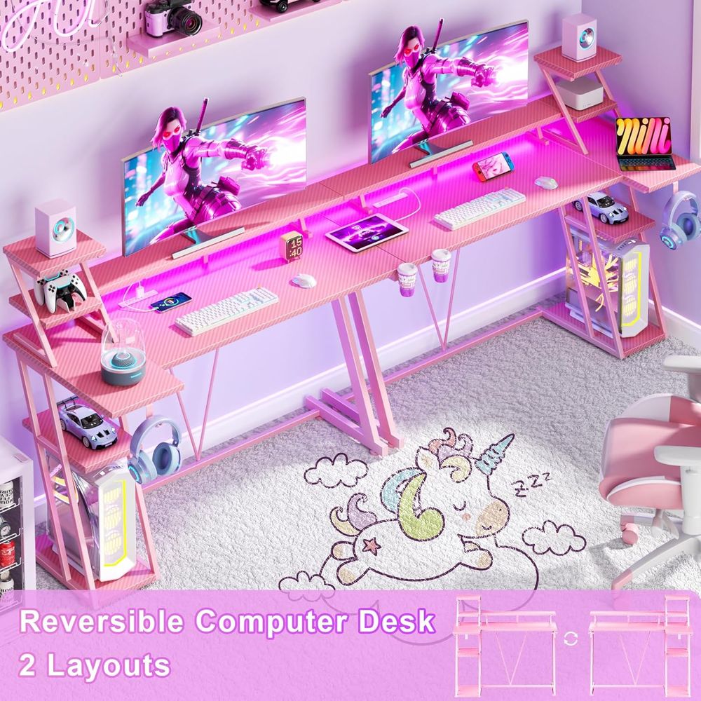 L-Shaped Pink Gaming Desk with - Desk Setup Or Set Up のレビューと価格