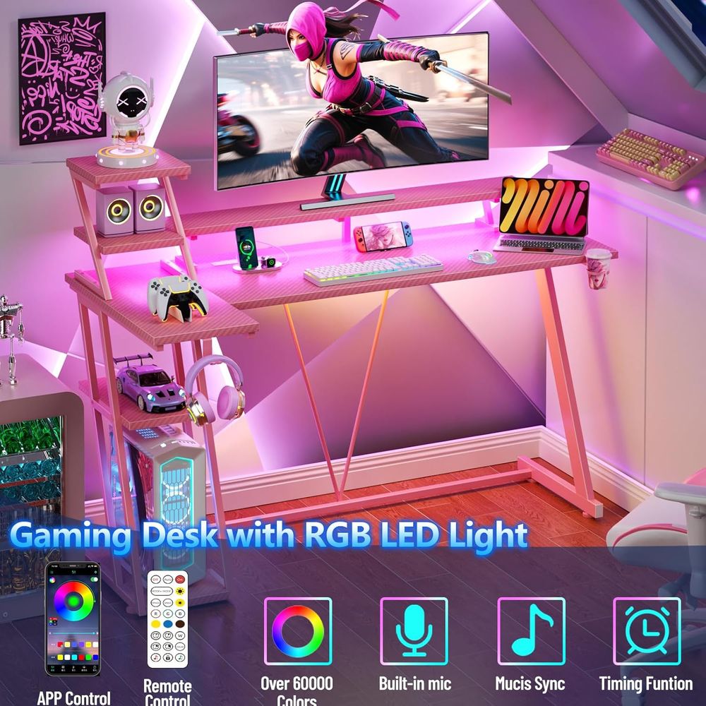 L-Shaped Pink Gaming Desk with - Desk Setup Or Set Up のレビューと価格